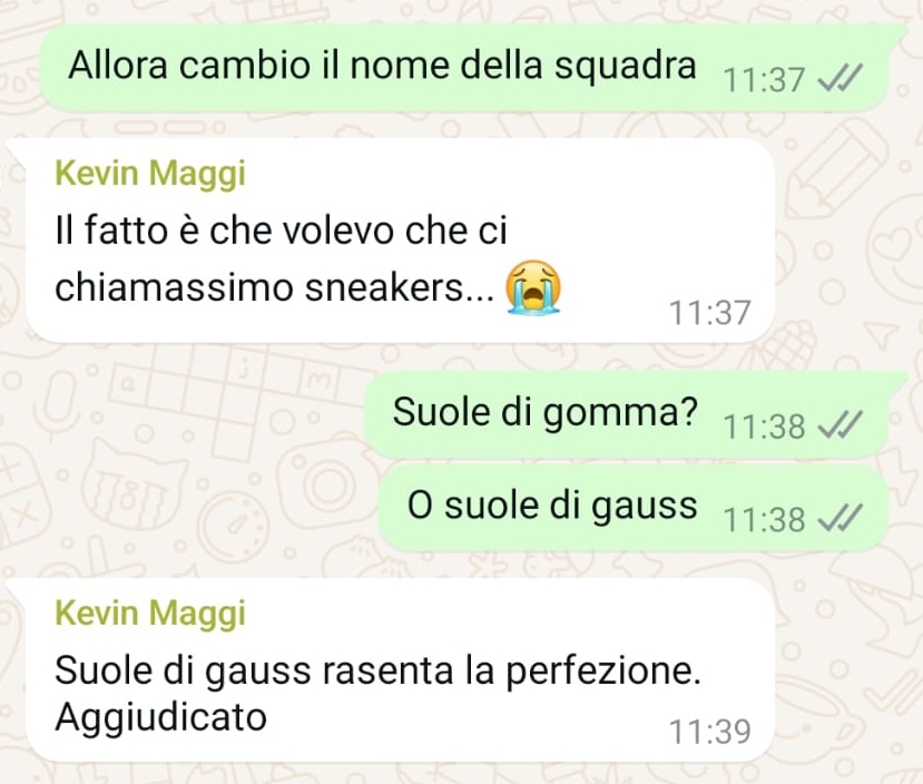 Il prof. Nesi propone suole di gomma e poi Suole di Gauss, al che Kevin accetta immediatamente